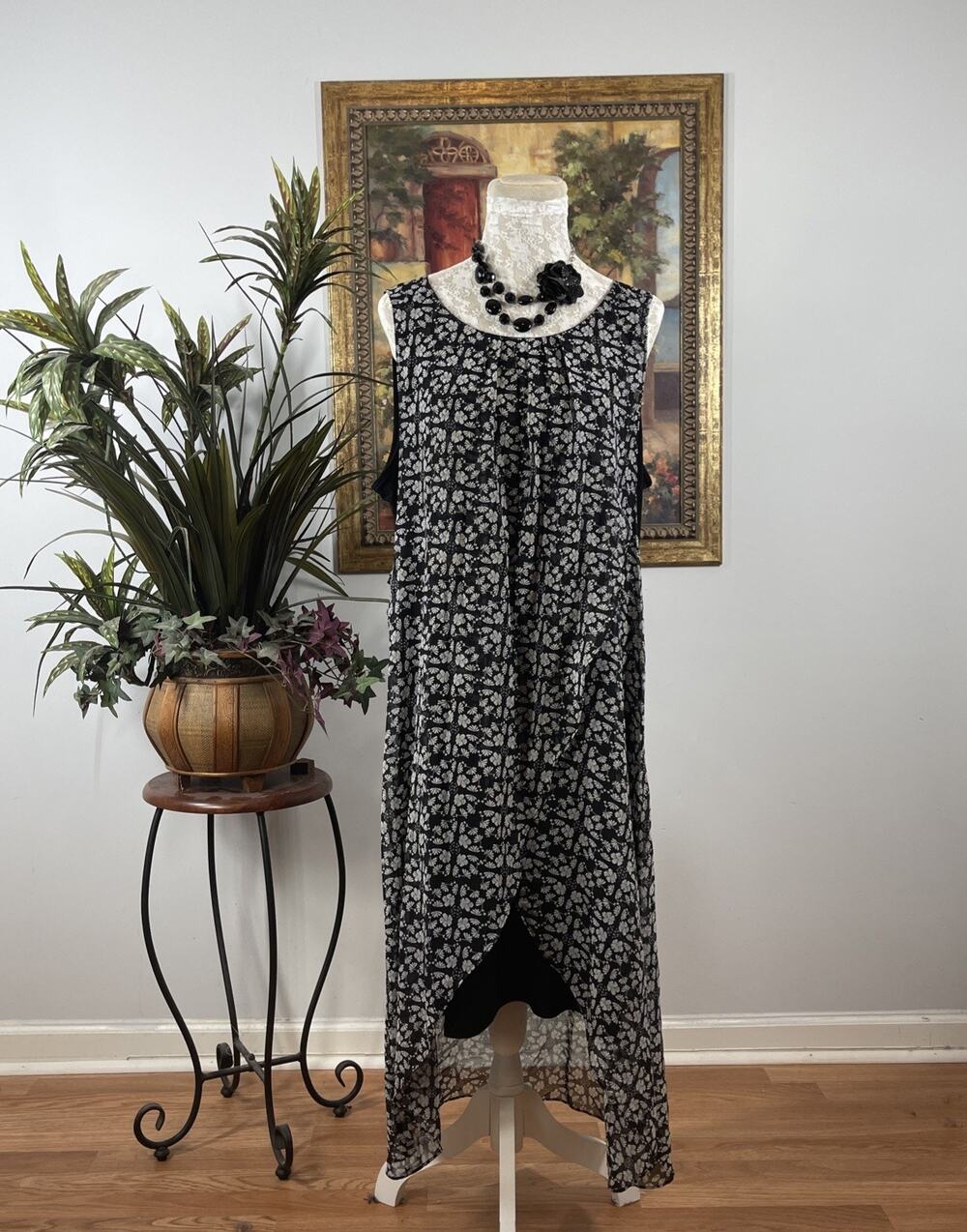 Style & Co Women Midi Dress XL Black White Floral Sleeveless High Low Layered